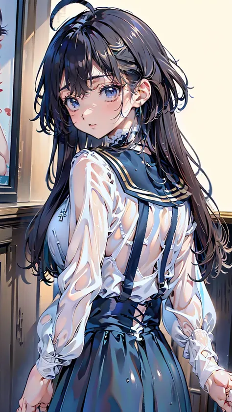 Straight hair,Black Hair,Ahoge,It looks like,Short-sleeved white sailor suit,Indigo Pleated Skirt,The large ribbon on the front of the sailor uniform is light blue..,The sleeves of the sailor suit are indigo blue,,barefoot,(beautiful girl: 1.3),Please rede...