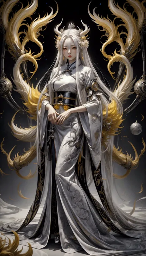 On the Yellow Palace,Chinese Nine-tailed Fox Queen,Silver-white long flowing hair,Big breasts,The terrifying mechanical nine tails,HD,Wearing white floral pattern,Hanfu,looking at everyone