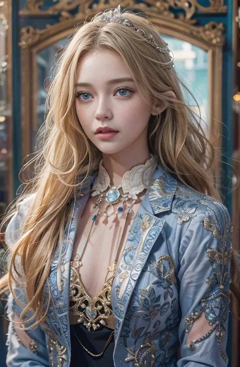 Highly detailed portrait of a beautiful young woman with striking blue eyes, Long blonde hair, And Slendeguia, He is wearing an antique tuxedo with bare shoulders., Set in an urban environment, (Best Quality, 4K, 8k, High resolution, masterpiece:1.2), (Rea...