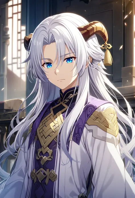 1boy, white hair, long hair, blue eyes, white-purple clothes, male, Qiulong horns, CG