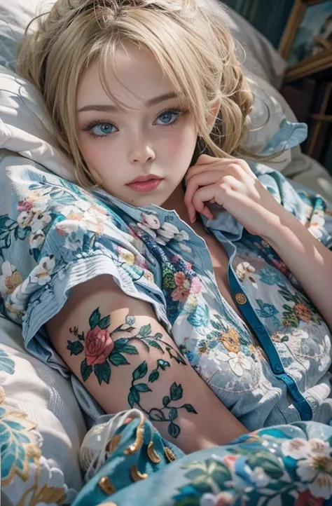 (masterpiece: 1.2, Portraiture, Best Quality), Realistic, (live-action, Intricate details, Written boundary depth), Best Quality, masterpieceAttention to detail, semi-Realistic, Lying face down on a bed in an abandoned building, shy, 2, Short Blonde, blue ...