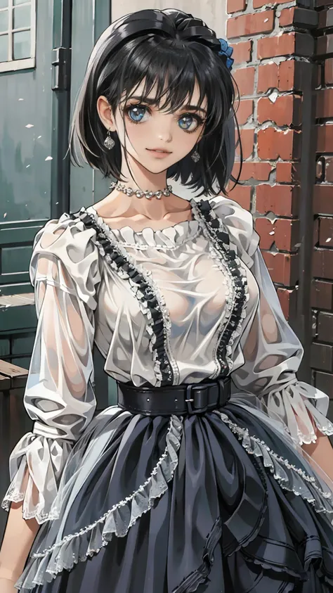 ((masterpiece, Please redeem, Very detailed)), Anime CG, One Girl, 20 years old, Full make-up, Black Hair, Bobcut, bangs, break ((Beautiful black eyes)), Big Eyes, Droopy eyes, medium breasts, Clevis, smile, View your viewers, Monochrome gothic casual spri...