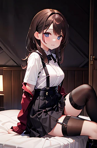 Brown Hair、Looking at the audience　　　Black suspenders　　　Large swollen breasts　　 　 　　　wall: 　Black mini skirt　garter　　　　　　sight　　　Small Face　Bans 　　　　　　Beautiful woman　　Show your hand　　Leg  lying on the bed　　sight 　Black boots panty shot