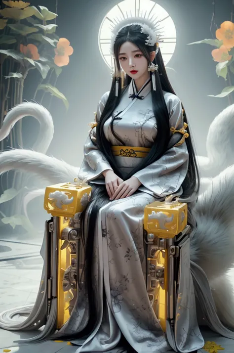 On the Yellow Palace,Chinese Nine-tailed Fox Queen,Silver-white long flowing hair,Big breasts,The terrifying mechanical nine tails,HD,Wearing white floral pattern,Hanfu,looking at everyone