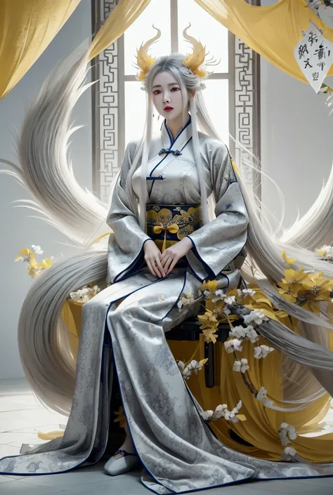 On the Yellow Palace,Chinese Nine-tailed Fox Queen,Silver-white long flowing hair,Big breasts,The terrifying mechanical nine tails,HD,Wearing white floral pattern,Hanfu,looking at everyone