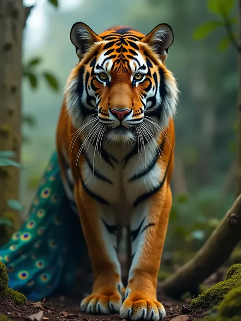 Low angle shot, photo of animal known as peager( hybrid between peacock and tiger) , tiger head, peacock tail, national geographic style 