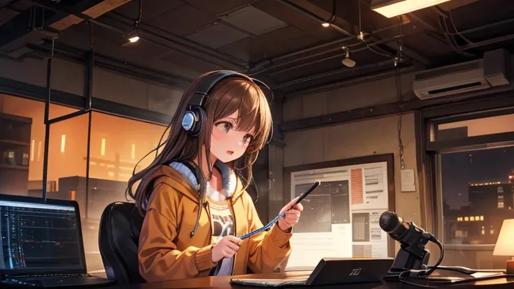 Girl with headphones,Sing Quietly,Brown Hair,One Girl,Late Night Studio