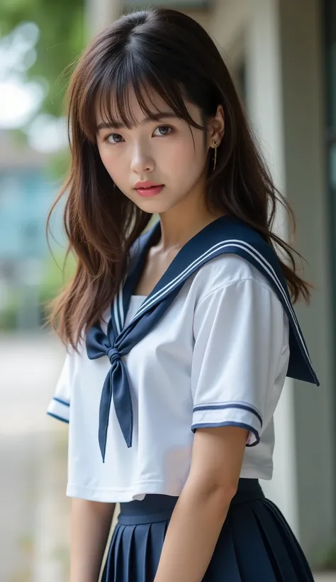 perfect composition, Proper placement, Extreme close-up, Beautiful Japanese Women, Glowing Skin, (Sweating:1.8), Brown Hair, Medium Hair, Brown eyes:1.21, Clear Eyes, Perfect Anatomy, Small head, The classic sailor uniform from a prestigious metropolitan h...