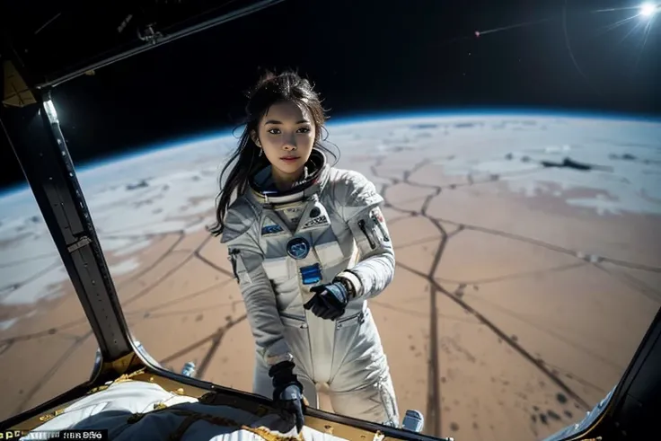 (((Spacecraft extravehicular activity))), (((Woman doing a spacewalk))), (((The world of Mad Max))) , (((universe space))),A boldly composed photograph of a Japanese woman that looks like it was taken by a famous artistic photographer, (((Blockbuster art p...