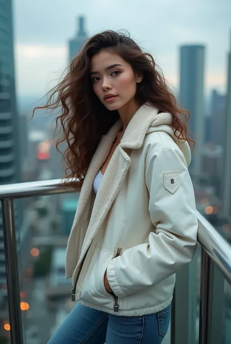 super beautiful woman with curly hair blowing in the wind brown color, wear a white parka jacket ,fur collar part  ,wear tight jeans ,high boots, standing leaning against the stainless steel railing, in a high-rise apartment , background of tall buildings,...