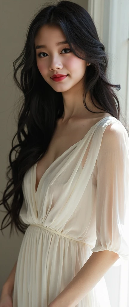 ((thin cheeks.Pointed chin.oval face))((woman purses lips.no teeth seen))((With a sweet smile on her face))((A head of black, long and straight hair hanging down to the waist))((Full body photo))A woman in a white dress posing for a photo,