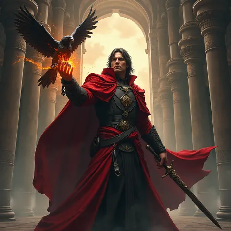 Image of a man with a sword and a bird, Concept Art：Eugeniusz Zak, Artstation Contest Winners, Fantasy art, symmetrical epic Fantasy art, Epic fantasy digital art style, epic Fantasy art portrait, Portrait of a red magician, Son of Sparda, Holy Fire Spell,...