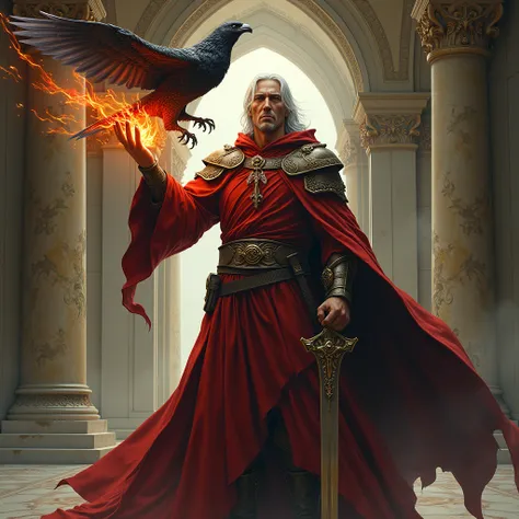 Image of a man with a sword and a bird, Concept Art：Eugeniusz Zak, Artstation Contest Winners, Fantasy art, symmetrical epic Fantasy art, Epic fantasy digital art style, epic Fantasy art portrait, Portrait of a red magician, Son of Sparda, Holy Fire Spell,...