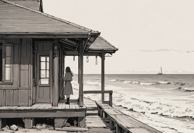 (masterpiece, best quality),(simple line art),drawn only with a pencil,Old wooden station with the sea in the background,(a girl is standing there),long shot,October,