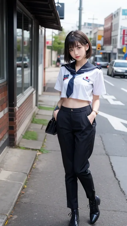 full body display、woman in uniform、one woman、wearing a sailor uniform、japanese women、age 25、cute face、big eyes、oblique eye、black...