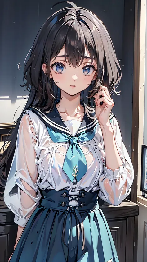 Straight hair,Black Hair,Ahoge,It looks like,Short-sleeved white sailor suit,Indigo Pleated Skirt,The large ribbon on the front of the sailor uniform is light blue..,The sleeves of the sailor suit are indigo blue,,barefoot,(beautiful girl: 1.3),Please rede...