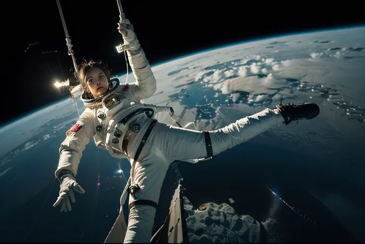 (((Spacecraft extravehicular activity))), (((Woman doing a spacewalk))), (((The world of Mad Max))) , (((universe space))),A boldly composed photograph of a Japanese woman that looks like it was taken by a famous artistic photographer, (((Blockbuster art p...