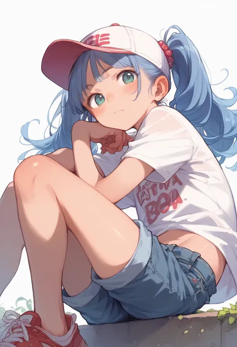 high teen、twin tails、american atmosphere、pop culture、colorful、baseball cap、denim shorts