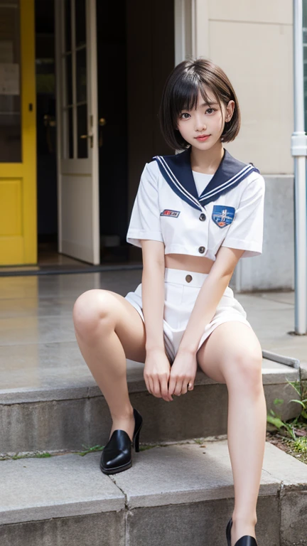 full body display、woman in uniform、one woman、wearing a sailor uniform、japanese women、age 25、cute face、big eyes、oblique eye、black...