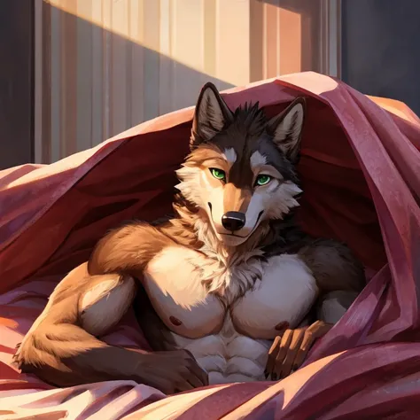 Masterpiece, best quality, high quality, high res, 1Brown Male Wolf anthro, Solo, has Brown fur on all his body, has Green eyes, has Wolf ears and 1Wolf tail, has handsome face, has slim body, Smile, waking up, laying on the bed, on his chest, under the bl...