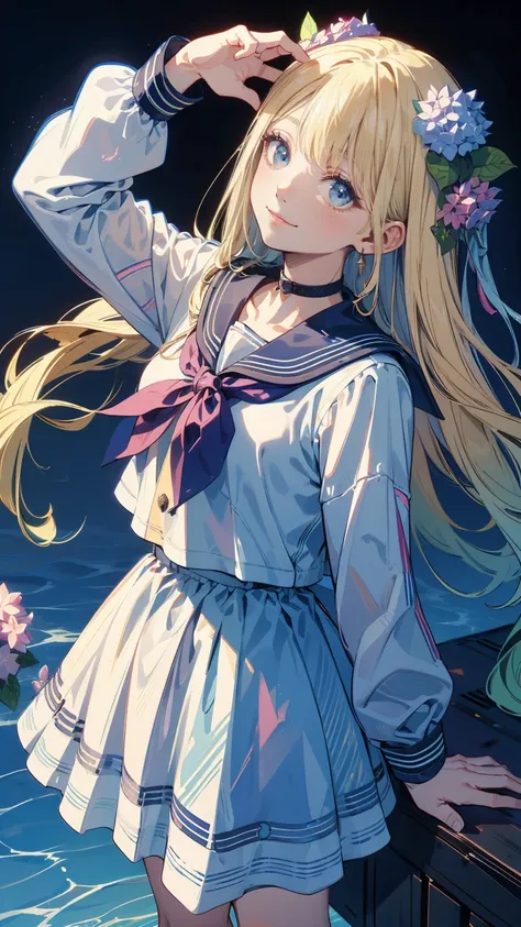 Best Quality,masterpiece,Watercolor style,girl,blonde,blue eyes,White Dress,Red Ribbon Hydrangea,after the rain,rainbow,Looking up at the sky,smile,The light spreads,White Dress,Sailor collar,Long sleeve,Dark blue on the cuff,Line on the cuff,,Shortcuts,