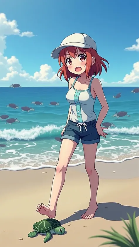 Beach、Cute Uraraka and Ochako、(Swimsuit)and crushes the baby sea turtles at his feet.。She looked surprised、Staring at your feet。The turtle is small、There is a turtle under her shoe。
Stomp on a turtle　Put your foot on the turtle　Crush a turtle with your foo...