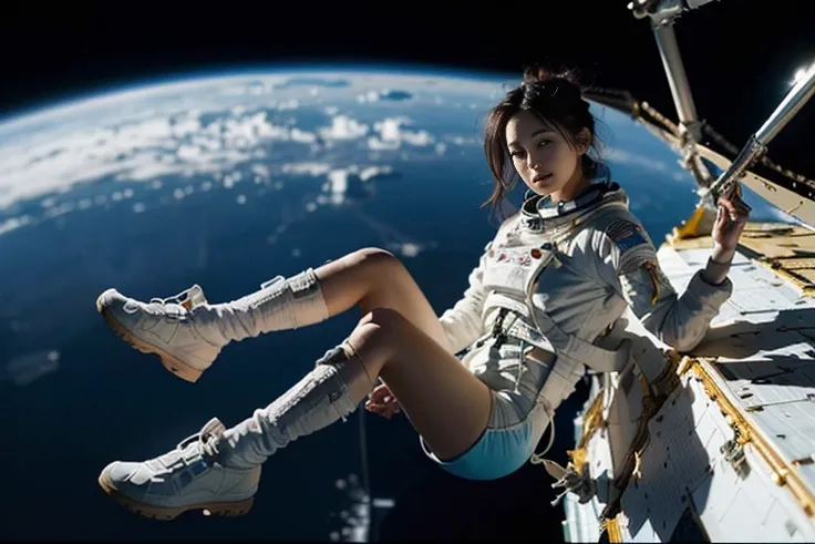 (((Spacecraft extravehicular activity))), (((Woman doing a spacewalk))), (((The world of Mad Max))) , (((universe space))),A boldly composed photograph of a Japanese woman that looks like it was taken by a famous artistic photographer, (((Blockbuster art p...