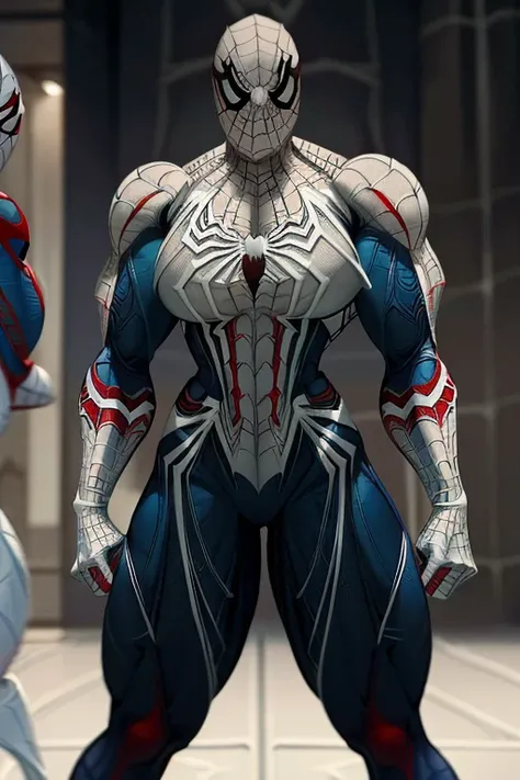 ((Close-up)), tall, (white hair) beautiful muscular woman, long straight hair, brown skinned, closed smile, large breast, (black lipstick), (massive muscles), (hyper muscle), ((ginormous bulky muscles)), blue eyes, ((((white Spider-Man suit)))), ((((Spider...