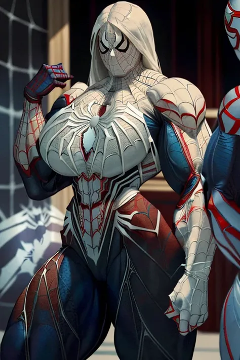 ((Close-up)), tall, (white hair) beautiful muscular woman, long straight hair, brown skinned, closed smile, large breast, (black lipstick), (massive muscles), (hyper muscle), (((ginormous bulky muscles))), blue eyes, ((((white Spider-Man suit)))), ((((Spid...