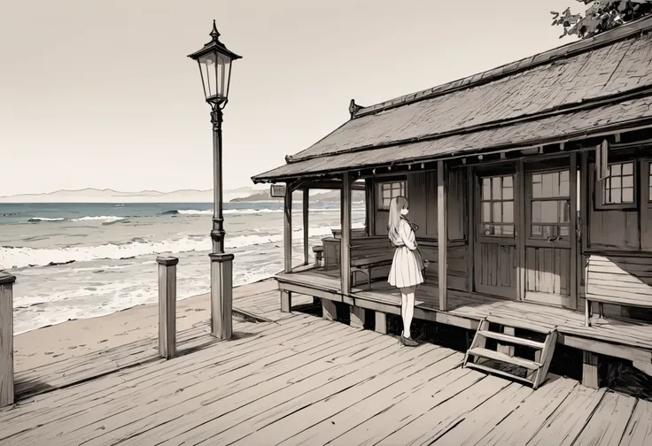 (masterpiece, best quality),(simple line art),drawn only with a pencil,Old wooden station with the sea in the background,(a girl is standing there),long shot,October,monotone with splashcolor,