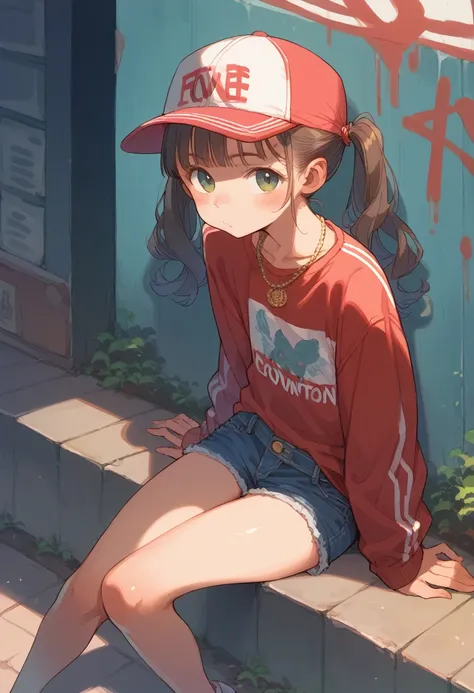 high teen、twin tails、american townscape、pop culture、colorful、baseball cap、denim shorts、gold necklace