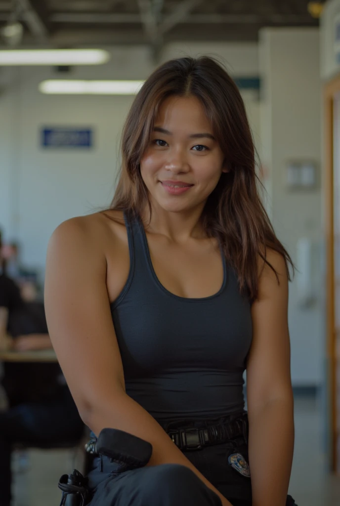 athletic beautiful mid thirties asian female police officer wearing tank top and police pants taking a break at police station. Smiling. thick upper arms. photograph