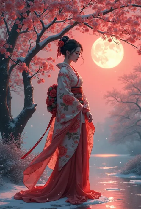 Snow is falling、The big cherry tree is in full bloom。A mysterious and fantastical world where a beautiful courtesan wearing a gorgeous kimono embroidered with vermilion peonies stands near a cherry blossom tree with a full moon reflected in a mysterious re...