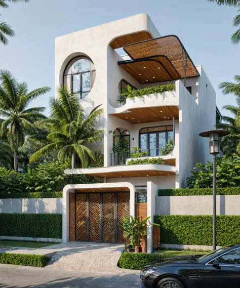 the tall and narrow 3-storey house is modernly designed, with steel gates and wooden details. the outside is painted white, the ...