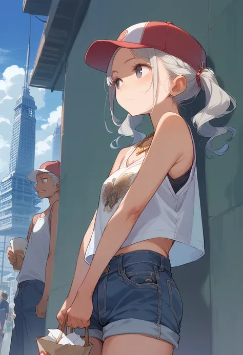 20-year-old woman、twin tails、new york cityscape、pop culture、colorful、baseball cap、denim shorts、gold necklace、juice in a paper cu...