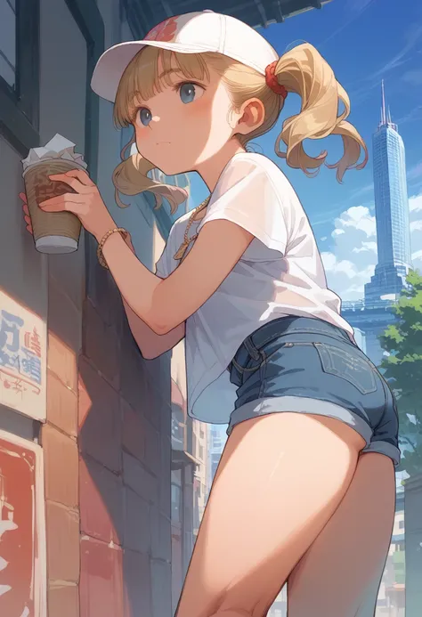 20-year-old woman、Twin tails、New York Cityscape、Pop Culture、colorful、Baseball cap、Denim shorts、Gold Necklace、Juice in a paper cup