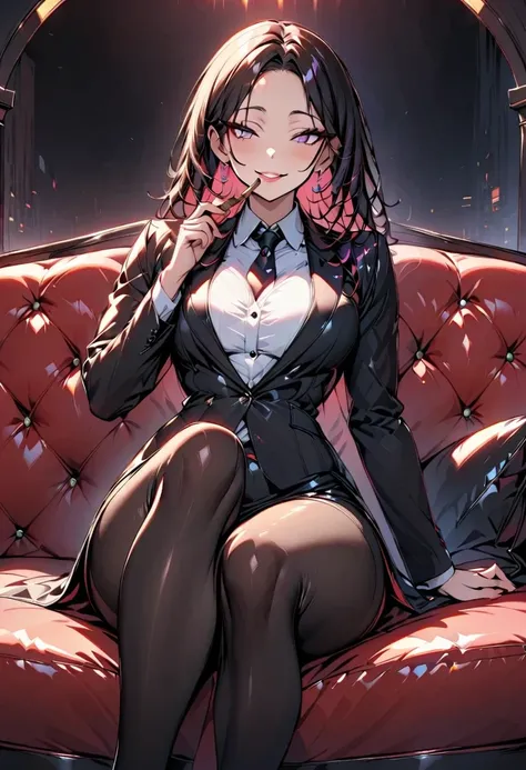 Mature beautiful woman,(Best Quality,Extremely detailed depiction,Incredibly absurd high definition,Anatomically accurate,Detailed pupil,Porcelain-like skin),(Mafia Boss,Villainess,A dignified atmosphere),(Black business suit,Pencil skirt,Formal Shirt,Blac...