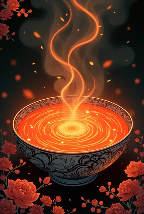 haunted Miso-Suppe , neon orange glowing, anime in style alfons mucha