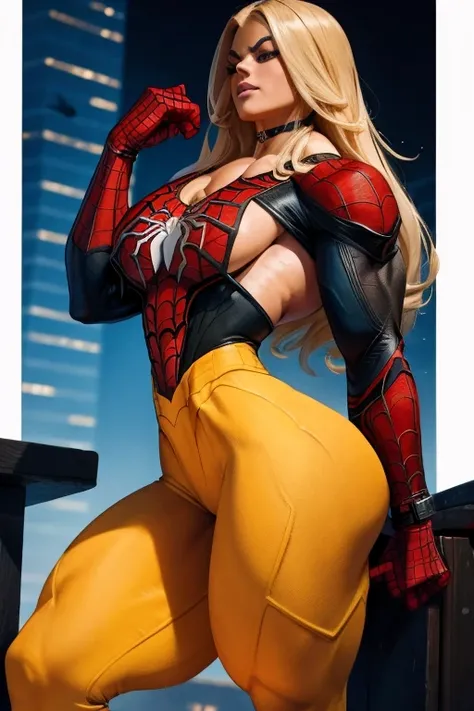 (((Close-up))), tall, (yellow hair) beautiful muscular Latino woman, long flowing hair, brown skinned, closed smile, large breast, (black lipstick), (massive muscles), (hyper muscle), (ginormous bulky muscles), red eyes, (((yellow Spider-Man suit))), (((Sp...