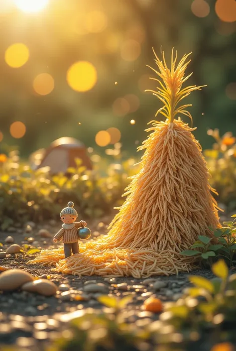 1.Miniature scene of rice harvesting，A grain pile filled with golden grains and a little man carrying water，Microscopic photography with a macro lens under natural light，Warm tones，Rich in details，Rich colors。Hard-working farmers surrounded by piles of gol...