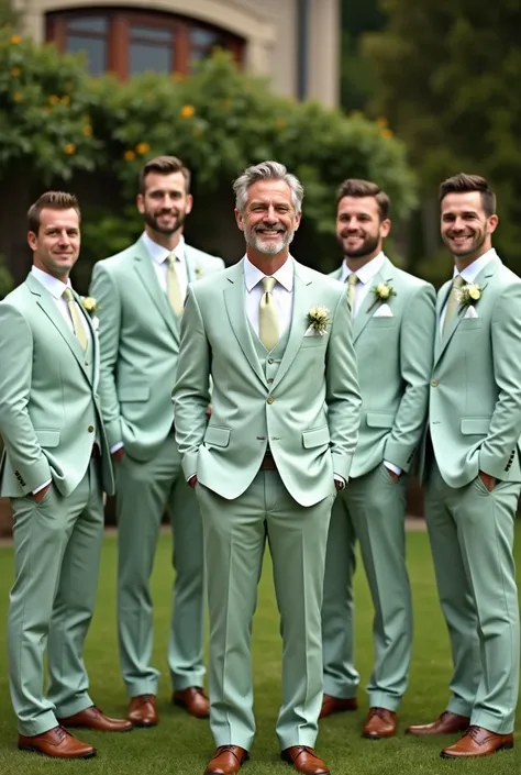  middle-aged white man in light linen suit and his groomsmen in light green suits