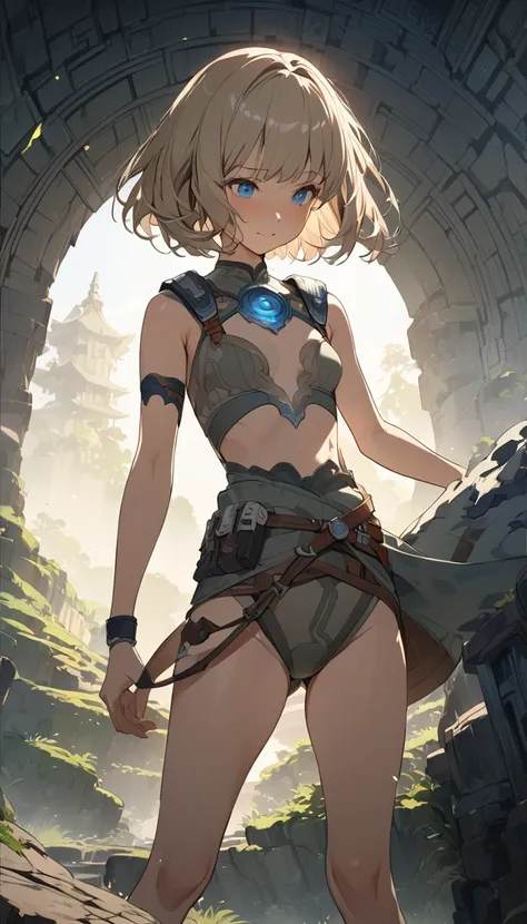 masterpiece, Best Quality, High resolution, Super detailed, Anime Style,  Fantasy, Cowboy Shot, One Girl, solo, Adventurer,  Cute face, Standing, Small breasts, Beige bob cut, break, Blue Eyes, break, Labyrinth in the fog, Outdoor, 