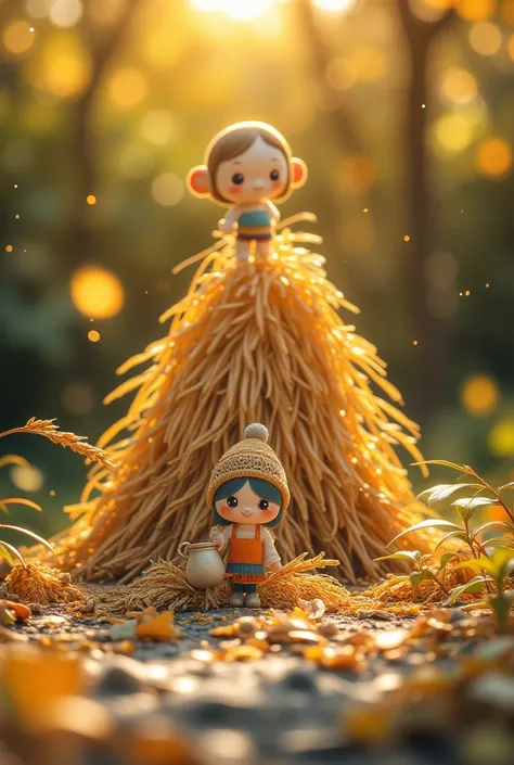 1.Miniature scene of rice harvesting，A grain pile filled with golden grains and a little man carrying water，Microscopic photography with a macro lens under natural light，Warm tones，Rich in details，Rich colors。Hard-working farmers surrounded by piles of gol...