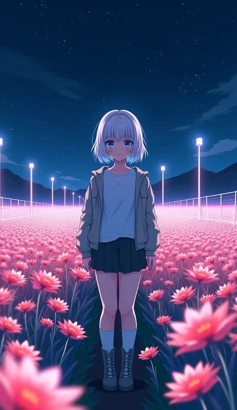 masterpiece, Best Quality, High resolution, Very detailed,(((White Hair Girl))), (((Japanese Anime))), (((Short Hair))), (((White T-shirt))), (((Grey jacket))), (((White knee socks))), (((boots))), (((Looking down at the flower field))), (((night))), (((A ...