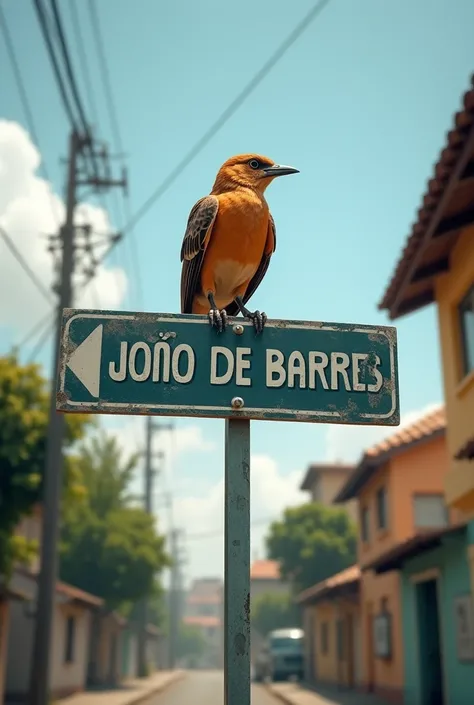 Real image of a sign saying residential João de Barro, where there is a João de Barro bird perched on it 