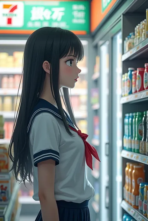 A beautiful girl in school uniform Standing sideway in front of the merchandise shelf to choose any products in the 7-11 store.