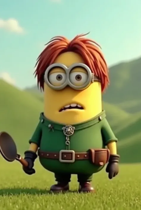 Cartoon character Minion in the form of a fat hobbit with reddish short straight hair, in a green medieval costume and with a frying pan in his hand. Stands against the background of green hills. 3D animation.