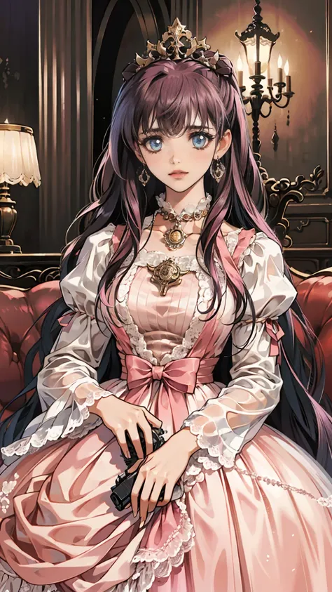 ((Best Quality)), ((Ultra high definition)), ((masterpiece)), ((Romance Fantasy)), ((Illustration)), (detailed), (Clear), (perfection), 1 female, Mature, beautiful, pure, gentle, 前髪のある長いPink Hair, Straight hair, White skin, Sapphire blue eyes, Deep double ...