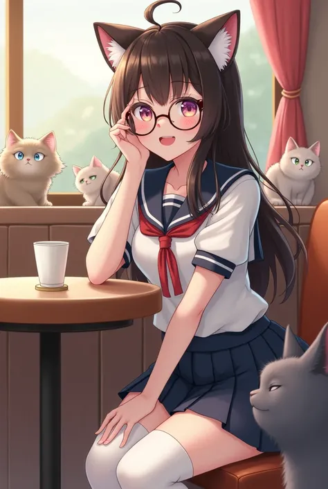 full body of cute beautiful young woman with long, dark hair, round eyeglasses, cute pose and sitting in a cat cafe, looking at viewer with smile face, She wears a cute puffy cat-ears, white short sleeves sailor-style blouse, a navy blue pleated short skir...