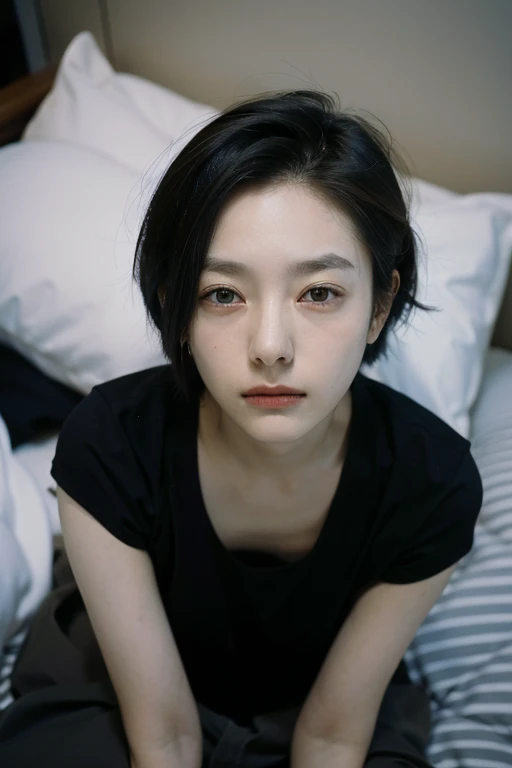 one girl, alone, androgynous, boyish、droopy eyes、fatigue、sleepy face、beauty、japanese women, short hair, food, accurate, anatomic...